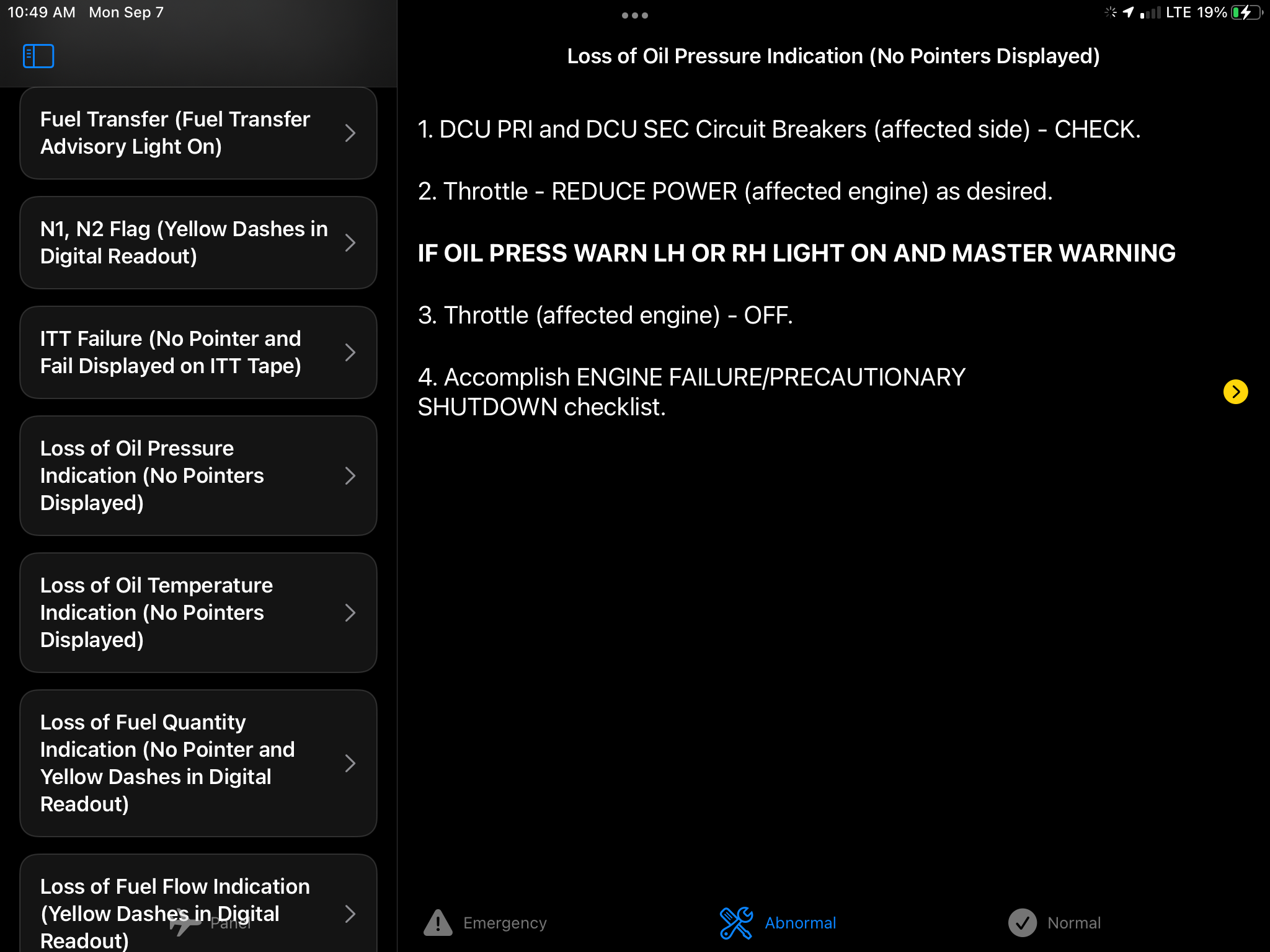 JetList abnormal procedure screen